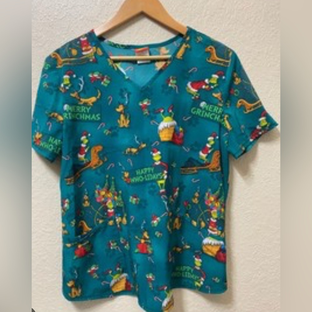 Holiday Grinch Teal Scrub Top - Women